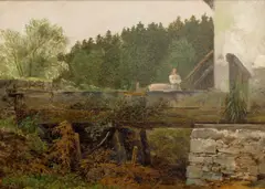 August Piepenhagen, Homestead with a Wooden Bridge, 1840s, oil on cardboard