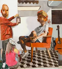 Jakub Tomáš, Birdhouse, laces and guitar, 2023, oil on canvas