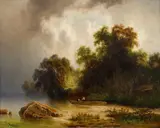 Leopold Stephan, On the Lakeside, 1866, oil on canvas, a rentoalage was executed