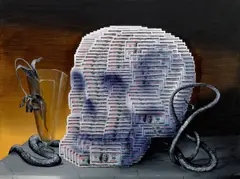 Ondřej Basjuk, Memento mori, 2023, mised media (acrylic, collage) on canvas