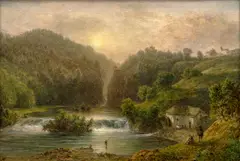 August Piepenhagen, Krajina s rybářem v řece, oil on wooden panel