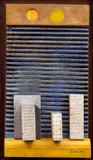 Ota Janeček, Hotels by the Sea, 1983, assemblage (oil, wood, washboard) on wood panel