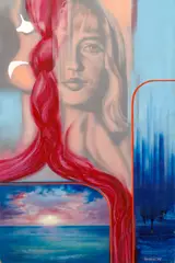Teodor Rotrekl, Young Woman by the Sea, 1974, nitrocellulose on hardboard