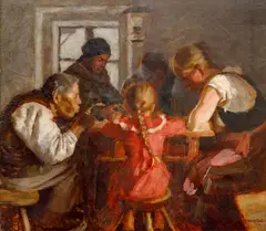 Rudolf Kremlička, The Cobbler's Family, 1912, oil on wood panel