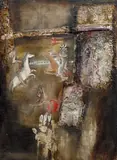 Josef Jira, Panel from Ipari, 1989, mixed media (oil, assemblage) on wood panel