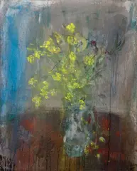 Jakub Špaňhel, Still Life with a Painted Jug and Field Flowers, 2023-2024, mixed media (acrylic, pigment) on canvas