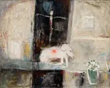 Josef Jira, Ecce Agnus Dei, 1989, mixed media (oil, tempera, collage) on hardboard