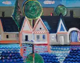 Richard Fremund, Houses on the Waterfront, 1957, oil on canvas