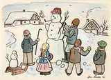 Josef Lada, Building a Snowman, 1945, mixed media (watercolor, ink, white) on paper