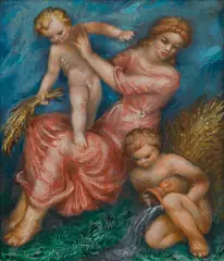 Linka Procházková, Four Seasons - Spring, Summer, Autumn, Winter, 1941, mixed media (oil, temtera) on wood panels