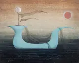 Ludmila Jiřincová, Pale Blue Ship, 1964, mixed media (oil, pencil) on canvas laid down on cardboard