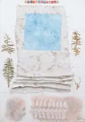 Jiří Anderle, Nostalgic Poeticon, 2023, mixed media (acrylic, jute, stamps, pencil, sanguine) on canvas