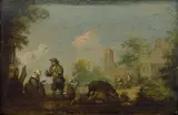 Norbert Grund, Landscape with Villagers, circa 1750, oil on wood panel
