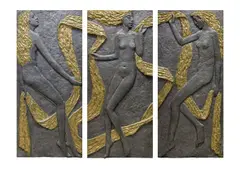 Olbram Zoubek, Dancing Girls (triptych), 1981, mixed media (layered lead, gold, tin)