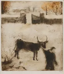 Bohuslav Reynek, Yard in Winter II, 1955, mixed media (drypoint, monotype) on paper