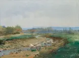 Otakar Lebeda, Geese by the Stream, after 1895, oil on cardboard laid down on canvas
