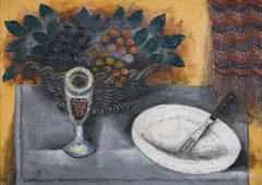 Antonín Procházka, Grapes in Basket, 1928, mixed media (encaustic, sand) on wood panel
