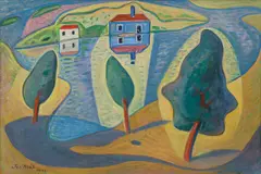 Jaroslav Král, Landscape with Blue House, 1921, oil on cardboard
