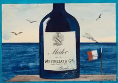 Kamil Lhoták, Bottle of Bordeaux, 1970, mixed media (collage, watercolor, ink) on paper