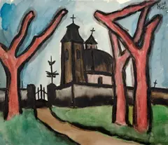 Vlastimil Beneš, Church in Slapy, 30. 12. 1942, watercolor on paper