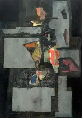 Jan Kubíček, Wall - Structure with Letters, 1963–1964, mixed media (oil, sand, paper, varnish) on cardboard