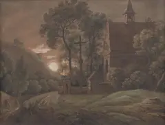 Antonín Mánes, Landscape with Sunset, circa 1830, gouache on paper