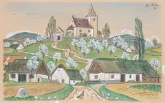 Josef Lada, Hrusice in Spring, 1941, mixed media (watercolour, white paint, pencil) on cardboard