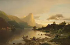 Adolf Chwala, Evening on Lake Mondsee with Dragon Rock, 1880s, oil on canvas