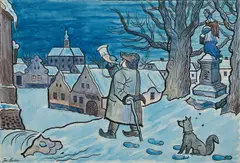 Josef Lada, The Night Watchman, end of the 1920s, mixed media (watercolor, ink, white paint) on paper