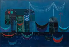 Jitka Kolinska, Boatyard at Sea, 1959, oil on canvas