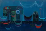Jitka Kolinska, Boatyard at Sea, 1959, oil on canvas