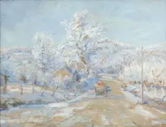 Oldřich Blažíček, Winter Landscape with a Cart, 1920, oil on cardboard
