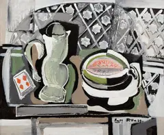 Emil Filla, Still Life with Watermelon, 1929, mixed media (oil, sand) on canvas