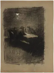 Käthe Kollwitz, Beratung, 1895, Charcoal drawing, heightened with white pastel on heavy greenish paper