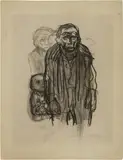 Käthe Kollwitz, Stehender Arbeiter mit Kind, dahinter Frau mit Kind auf dem Arm, 1919, Charcoal on greenish-brown paper