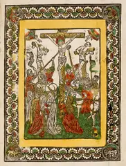 Metallschnitt, Kalvarienberg - Christus am Kreuz, in den Ecken der Bordüre mit den Symbolen der vier Evangelisten, Circa 1465