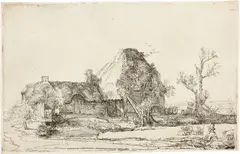 Rembrandt Harmensz van Rijn, Die Landschaft mit dem Zeichner - Cottages and Farm Buildings with a Man Sketching, Circa 1641, Etching on laid paper