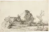 Rembrandt Harmensz van Rijn, Die Landschaft mit dem Zeichner - Cottages and Farm Buildings with a Man Sketching