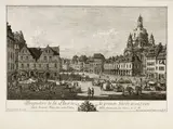 Perspective de la Place de la grande Garde, aiant d'un / côté le Gewandt=Haus, d'un autre l'Eglise Nôtre Dame, vers les Ecuries de S.M. / La vue a été tirée de la Meren-Strasse. Depeint, dessiné et gravé par Ber: Bellotto dit Canaletto Penre Rle / 1750 by Detto Il Canaletto Bernardo Bellotto, 1750, Etching on strong laid paper with the inscription "VAN GEN" and the letters "FA", both in cartouches, sold Sep 2025