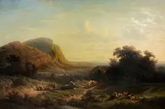 Ansicht der Monts Salèves im Abendlicht mit bäuerlicher Staffage by François Diday, 1859, Oil on canvas, sold Sep 2025