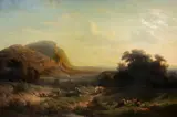 François Diday, Ansicht der Monts Salèves im Abendlicht mit bäuerlicher Staffage, 1859, Oil on canvas