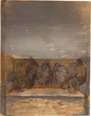 Gustave Doré, Le pont de Londres la nuit, sans-abri de Londres endormis sur un banc, 1870, Gouache, heightened with white and grey, on strong wove paper