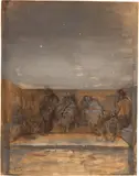 Gustave Doré, Le pont de Londres la nuit, sans-abri de Londres endormis sur un banc, 1870, Gouache, heightened with white and grey, on strong wove paper