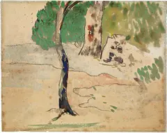 Paul Gauguin, Cours d'eau sous les arbres, Martinique (recto) - Esquisse avec 7 figures (verso), Circa 1887, Watercolour over preliminary drawing in black chalk, black chalk on the reverse, on strong, originally blue wove paper