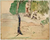 Paul Gauguin, Cours d'eau sous les arbres, Martinique (recto) - Esquisse avec 7 figures (verso), Circa 1887, Watercolour over preliminary drawing in black chalk, black chalk on the reverse, on strong, originally blue wove paper