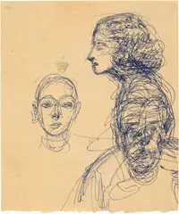 Alberto Giacometti, Têtes de face et de profil, Circa 1963, Ballpoint pen on paper tablecloth