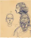 Têtes de face et de profil by Alberto Giacometti, Circa 1963, Ballpoint pen on paper tablecloth, sold Sep 2025