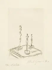 Alberto Giacometti, Trois figurines sur une sellette III, 1956, Etching on laid paper with watermark "Moulin Richard de Bas"