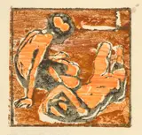 Giovanni Giacometti, I figli della luce - Sonnenkinder, 1913, Colour woodcut on thin, cream-coloured wove paper, drawing block printed in black, body in orange, background in brown