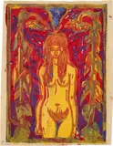 Ernst Ludwig Kirchner, Akt unter Sonnenblumen, 1906, Colour woodcut from 4 blocks in red, yellow, green and blue on strong laid paper